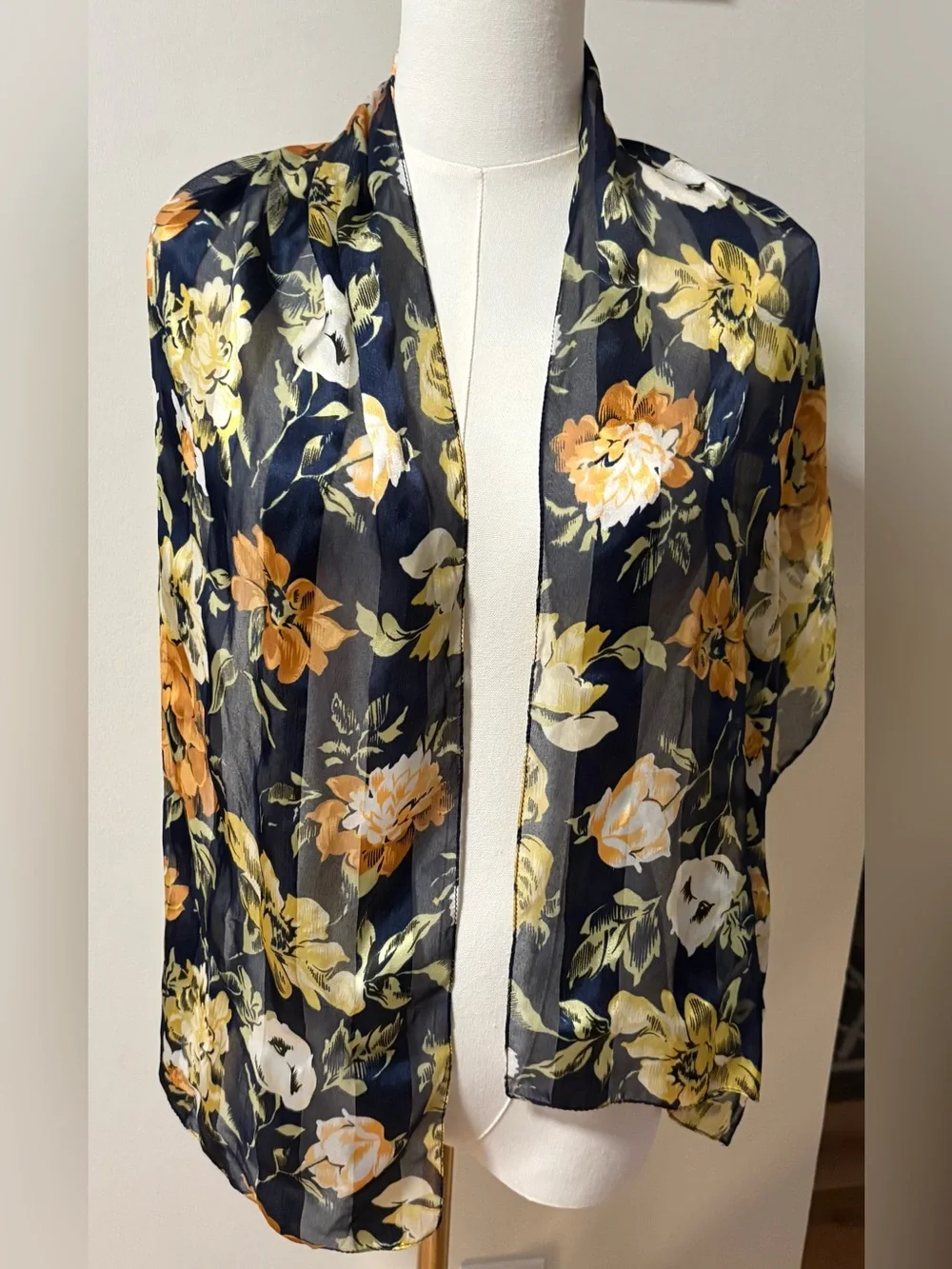 Jacquelyn Smith navy and floral pattern scarf with sheer and solid stripes
